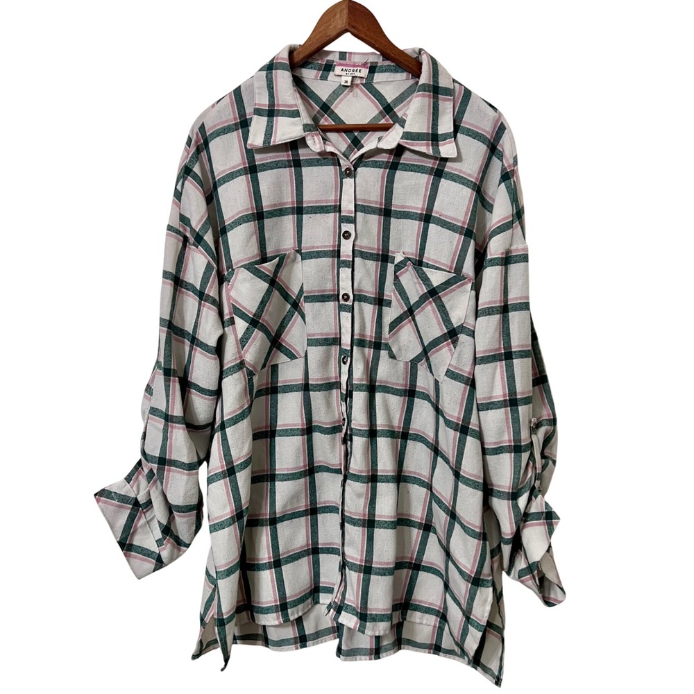 ANDRÉE BY UNIT Plaid Button Down Shirt Women's 2X Green Pink Oversized